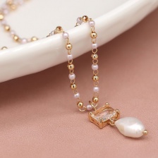 Golden Bead & Pearl Necklace with Crystal & Pearl Drop  by Peace of Mind